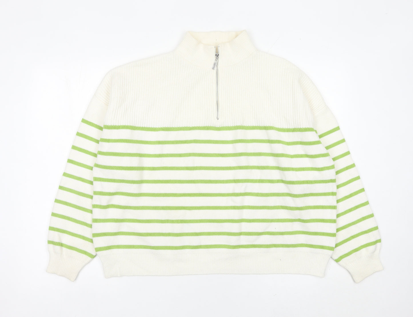 MNG Womens White Green Striped Half Zip High Neck Jumper L
