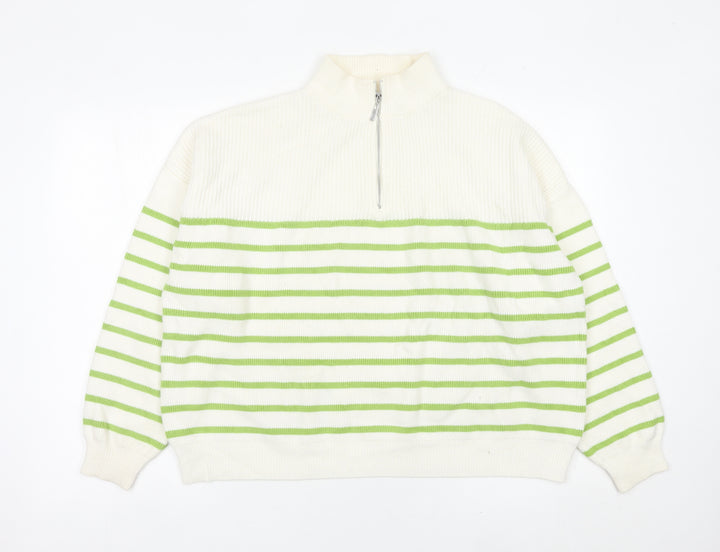 MNG Womens White Green Striped Half Zip High Neck Jumper L