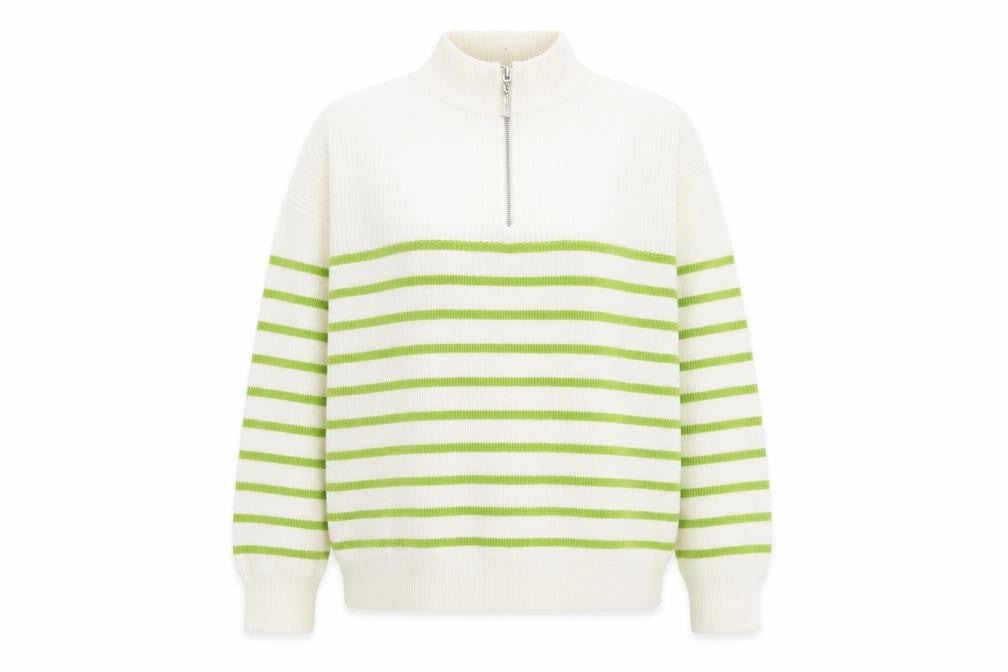Front view of Mango women’s white green striped half zip high neck jumper l