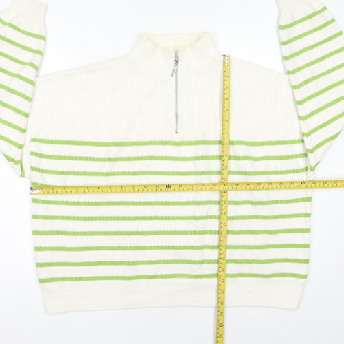 MNG Womens White Green Striped Half Zip High Neck Jumper L
