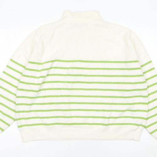 MNG Womens White Green Striped Half Zip High Neck Jumper L