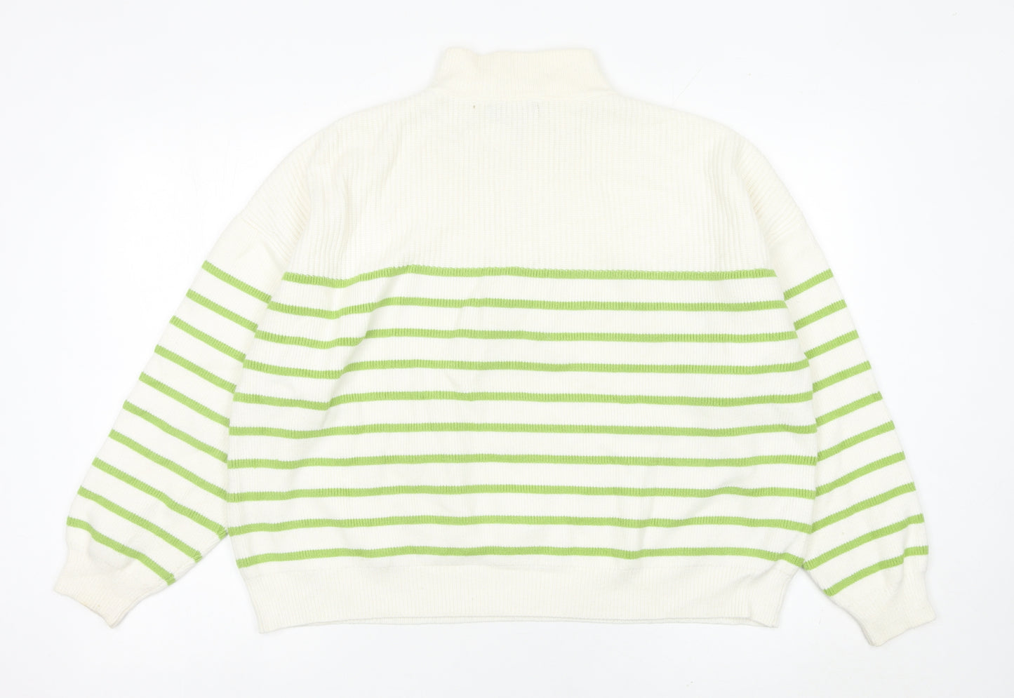 MNG Womens White Green Striped Half Zip High Neck Jumper L