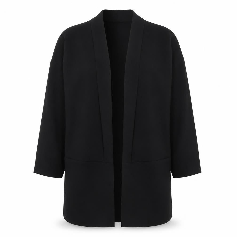 Front view of ARTÉ women’s black, size UK 12, mid-length open jacket blazer