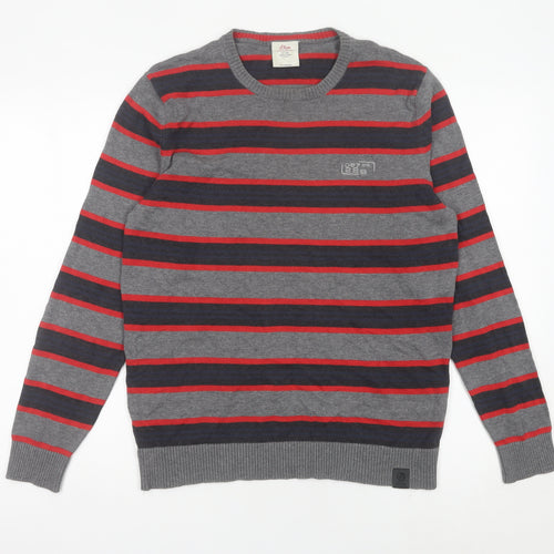 s.Oliver Men's Grey Striped Cotton Pullover Jumper Size M