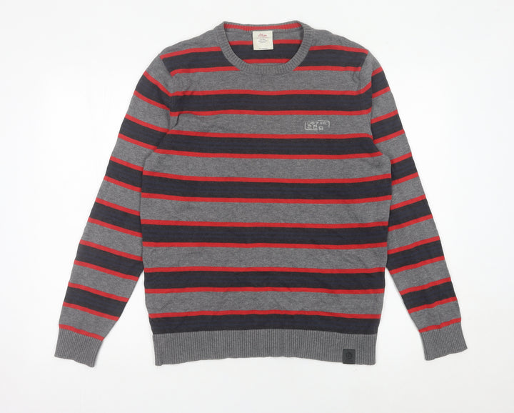 s.Oliver Men's Grey Striped Cotton Pullover Jumper Size M