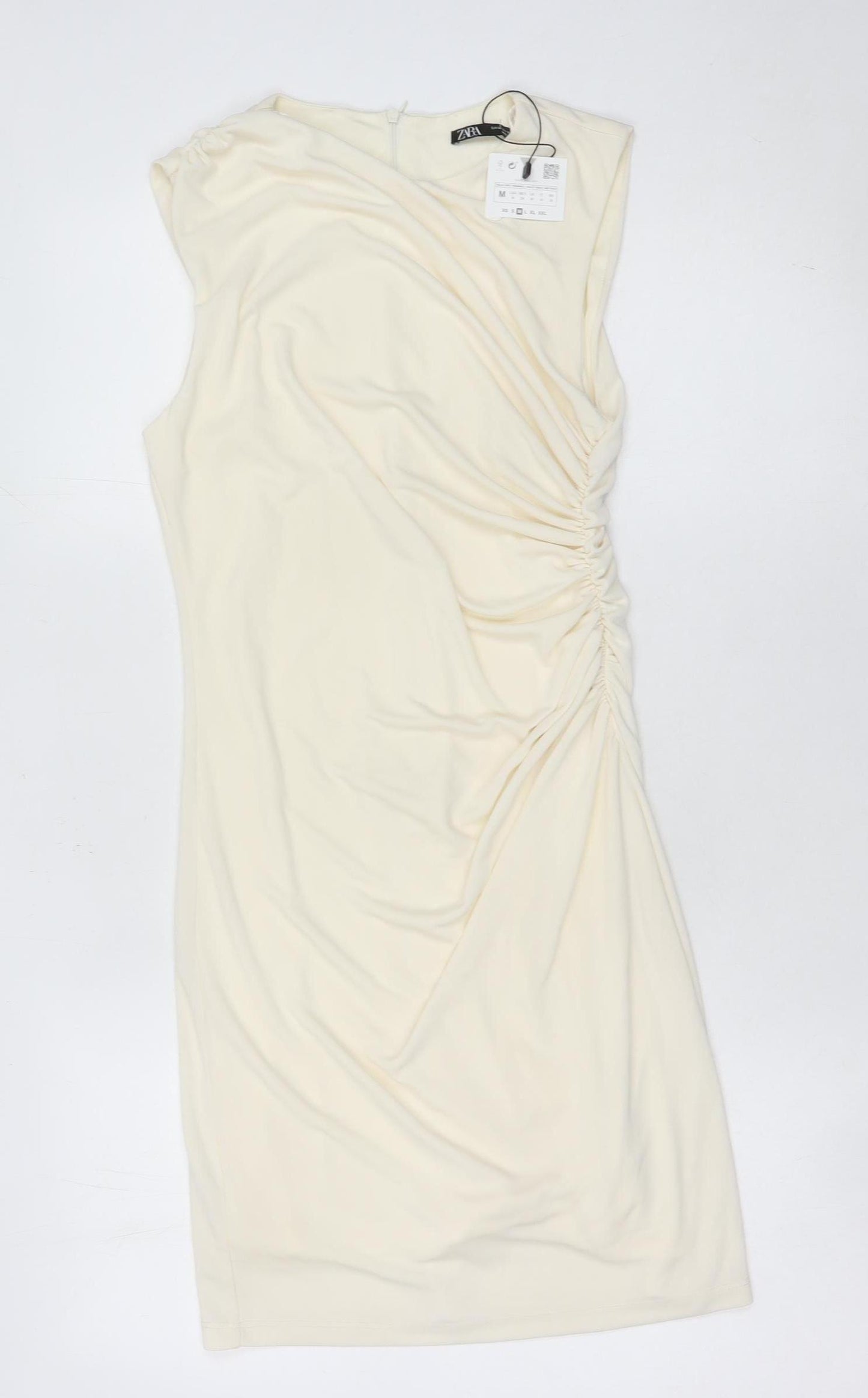 Zara Women Ivory Sheath Dress Size 12 Knee Length Ruched