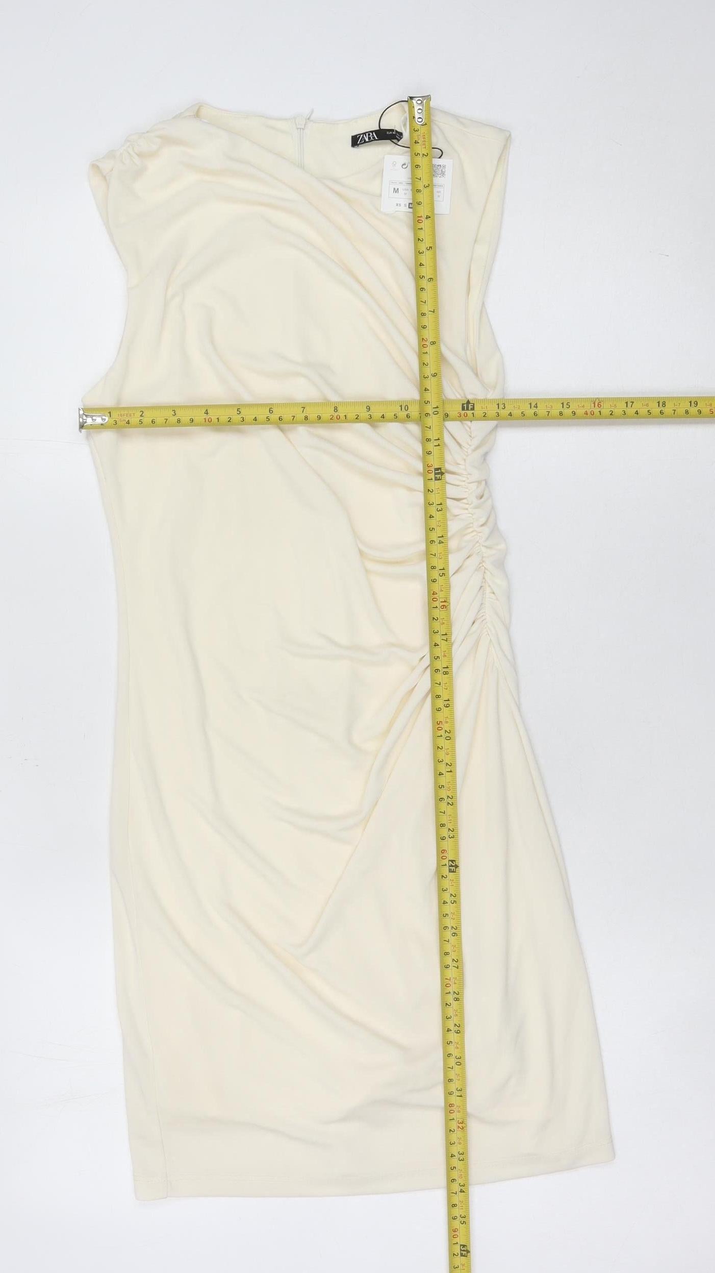 Zara Women Ivory Sheath Dress Size 12 Knee Length Ruched