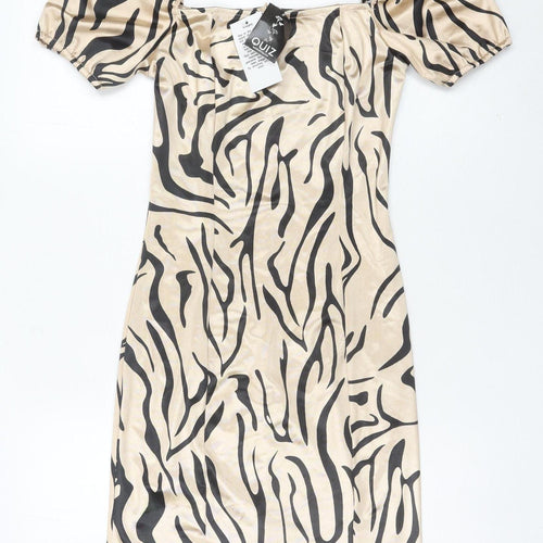 Quiz Women’s Beige Animal Print Bodycon Dress Size 12 Puff Sleeve