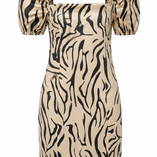 Quiz Women’s Beige Animal Print Bodycon Dress Size 12 Puff Sleeve