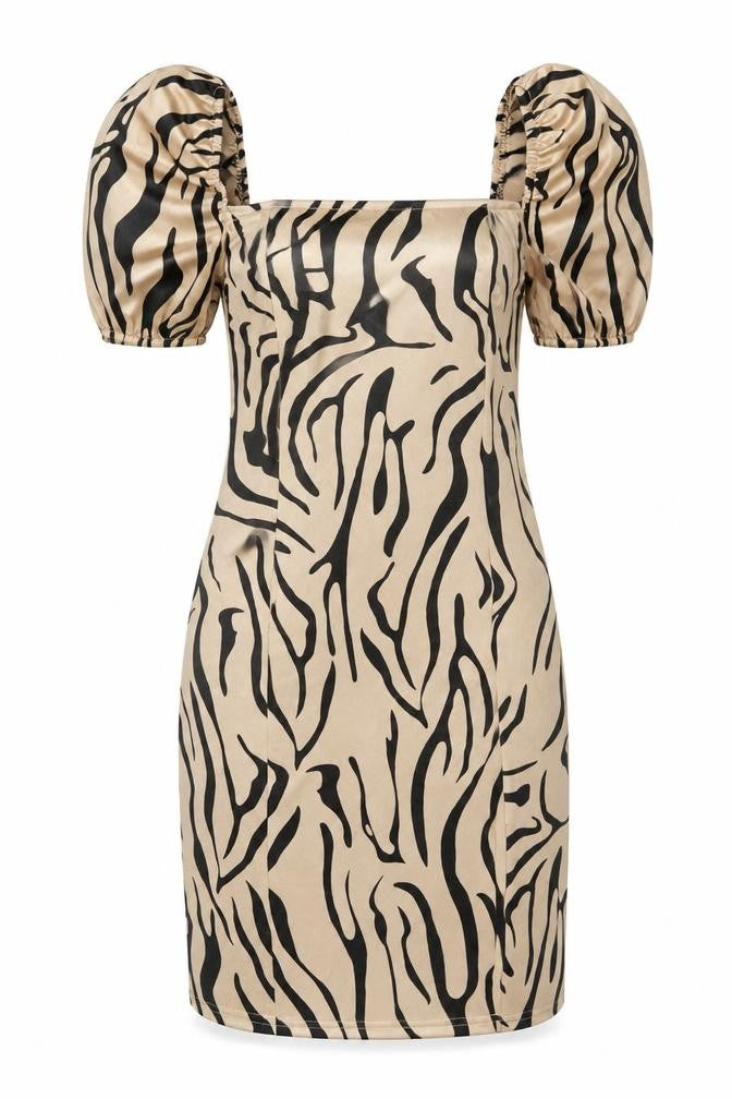 Quiz Women’s Beige Animal Print Bodycon Dress Size 12 Puff Sleeve