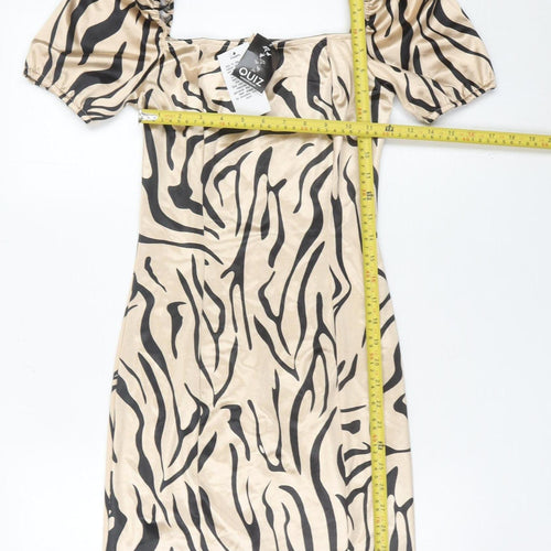Quiz Women’s Beige Animal Print Bodycon Dress Size 12 Puff Sleeve