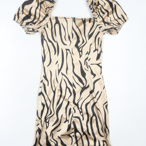 Quiz Women’s Beige Animal Print Bodycon Dress Size 12 Puff Sleeve