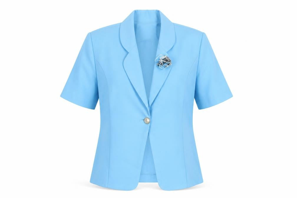Front view of Saloos Women Blue, size 12, Short Sleeve One-Button Suit Jacket