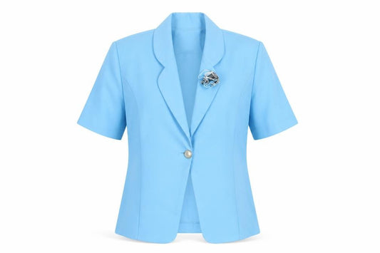 Front view of Saloos Women Blue, size 12, Short Sleeve One-Button Suit Jacket