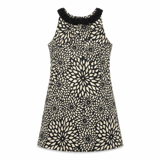 Front view of Principles Women’s Black Beige Floral Shift Dress, size UK 14, Beaded