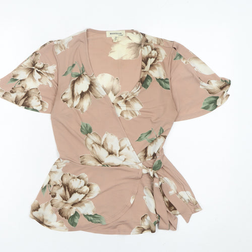 Monteau Women’s Pink Floral Wrap Blouse S Short Flutter Sleeve