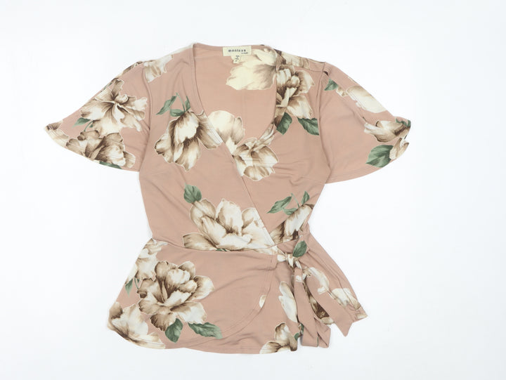 Monteau Women’s Pink Floral Wrap Blouse S Short Flutter Sleeve