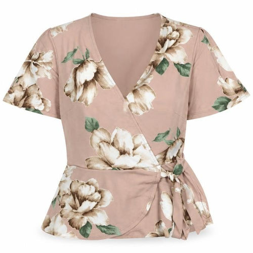 Monteau Women’s Pink Floral Wrap Blouse S Short Flutter Sleeve