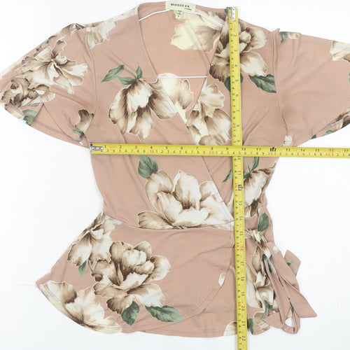 Monteau Women’s Pink Floral Wrap Blouse S Short Flutter Sleeve