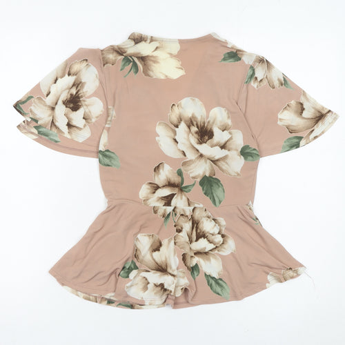 Monteau Women’s Pink Floral Wrap Blouse S Short Flutter Sleeve