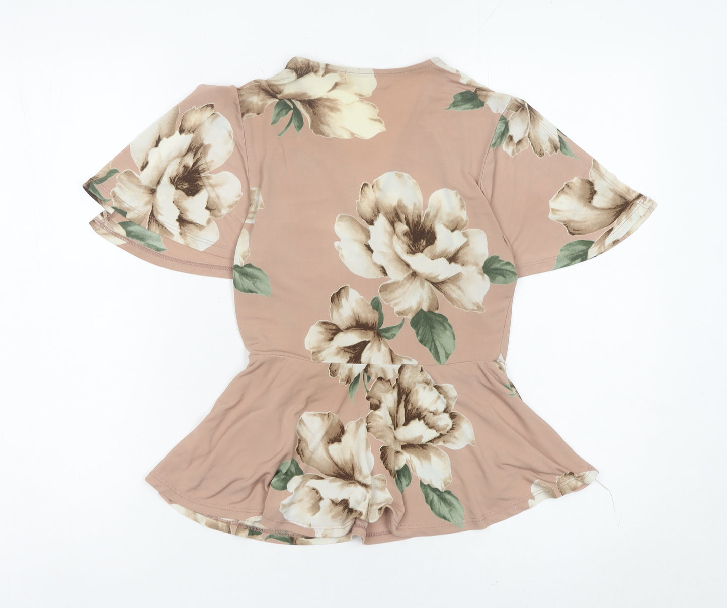 Monteau Women’s Pink Floral Wrap Blouse S Short Flutter Sleeve