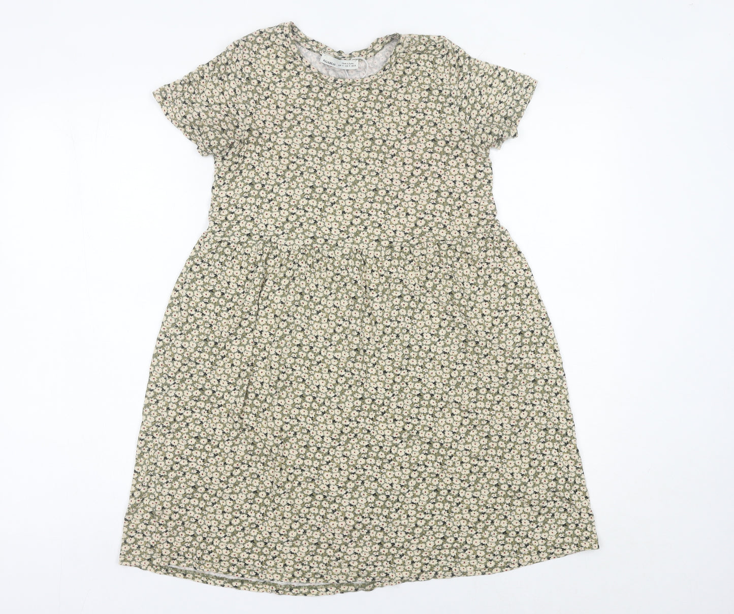 Pull&Bear Women’s Green Floral Skater Dress Size S Short Sleeve