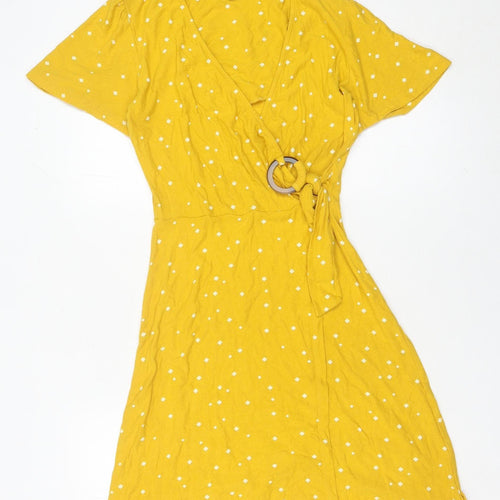 Next Women’s Yellow Wrap Dress Size 6 Short Sleeve V-Neck