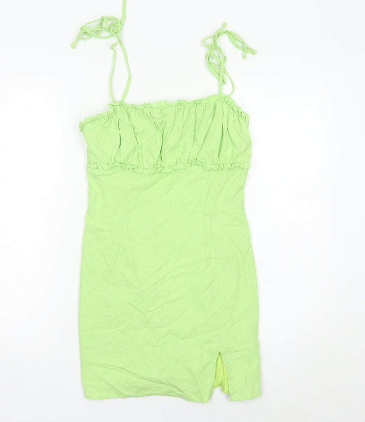 Blue Blush Women’s Green Bodycon Mini Dress Size S Sleeveless Ruffle Zip