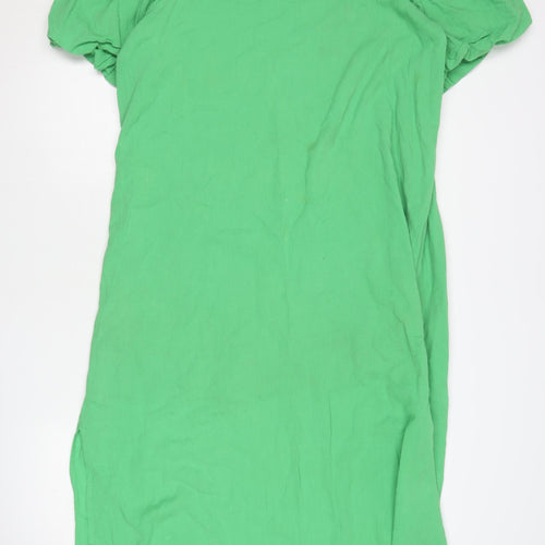 Monki Women’s Green Cotton Shift Dress Size M Puff Sleeve Casual