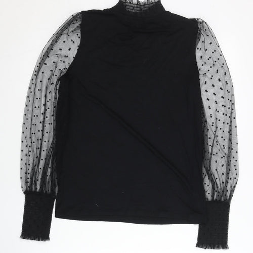 Boden Womens Black Sheer Polka Dot Puff Sleeve High Neck Blouse UK 6