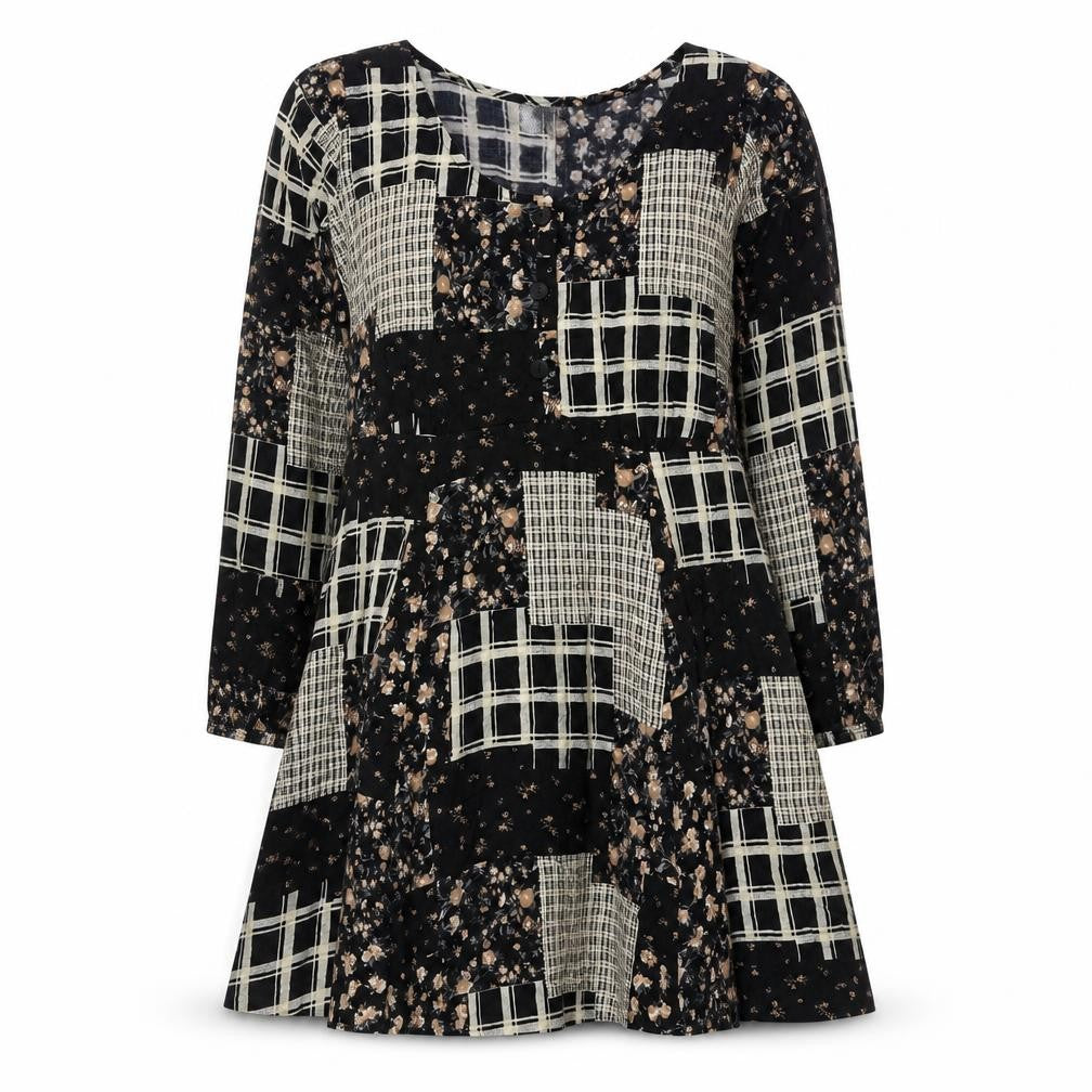 Front view of M Collection women’s black beige patchwork floral knee dress m