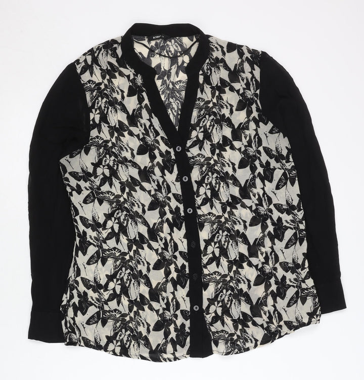 Roman Women's Black Floral Butterfly Chiffon Button-Up Shirt Size 14