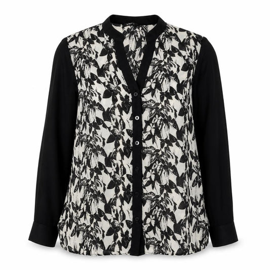 Front view of Roman Women's Black Floral Butterfly Chiffon Button-Up Shirt, size 14
