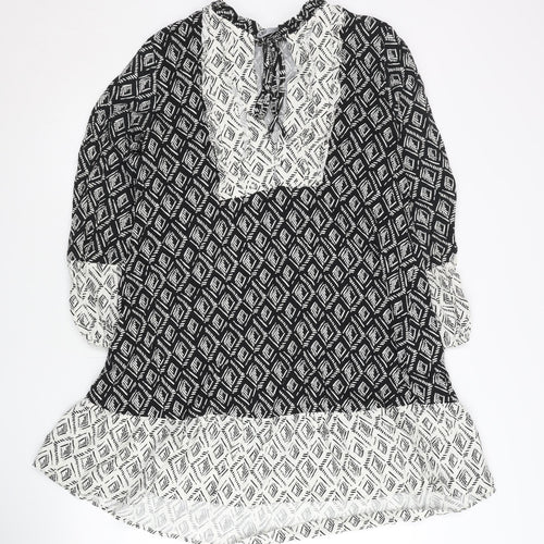 Zara Women’s Black Geometric Shift Dress Size 12 V-Neck Long Sleeve