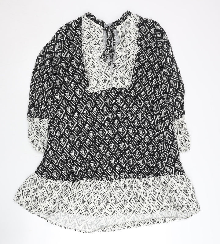 Zara Women’s Black Geometric Shift Dress Size 12 V-Neck Long Sleeve