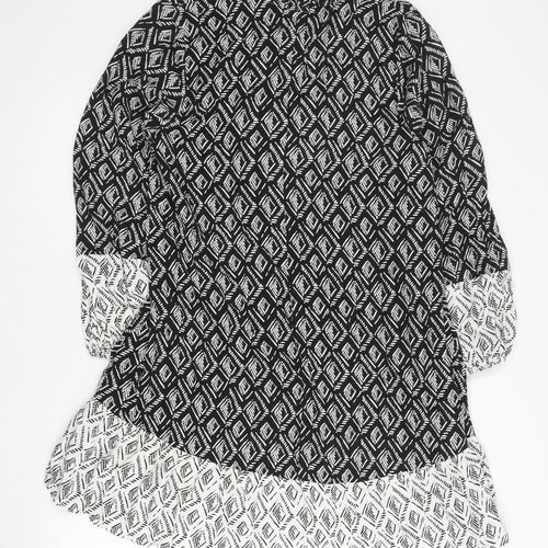 Zara Women’s Black Geometric Shift Dress Size 12 V-Neck Long Sleeve