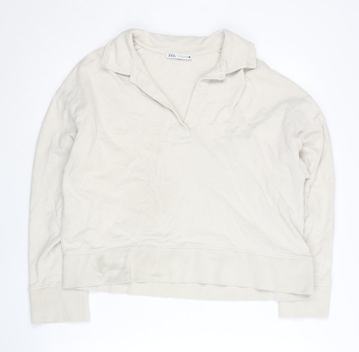 Zara Women Beige Collared Pullover Sweatshirt Size S