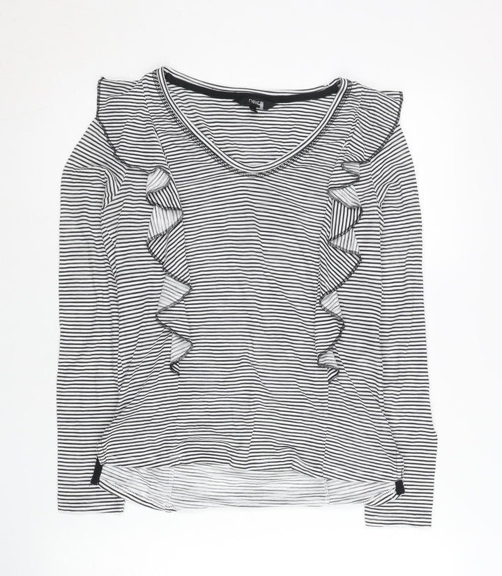 Next Women Black White Striped Ruffle Long Sleeve T-Shirt Size 6
