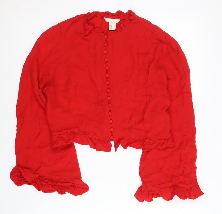 H&M Women Red Blouse Size 10 Cropped Long Sleeve Ruffle