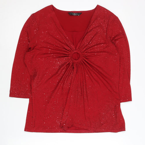 Bm Women’s Red Glitter V-Neck Tunic Blouse M 3/4 Sleeve Party Top