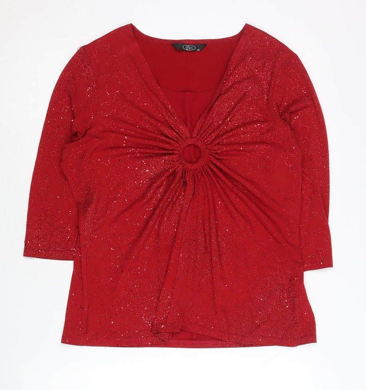 Bm Women’s Red Glitter V-Neck Tunic Blouse M 3/4 Sleeve Party Top