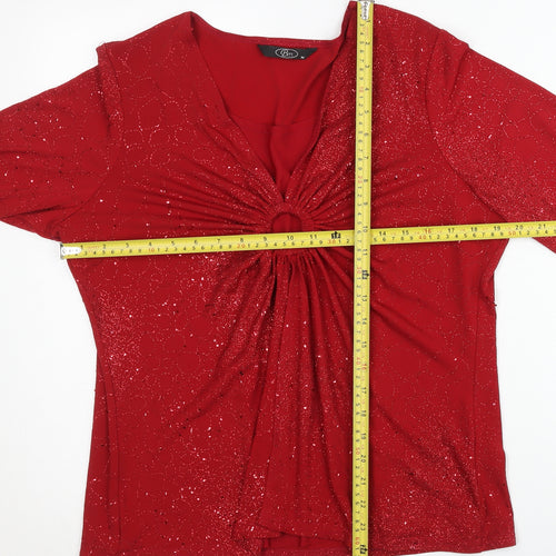 Bm Women’s Red Glitter V-Neck Tunic Blouse M 3/4 Sleeve Party Top