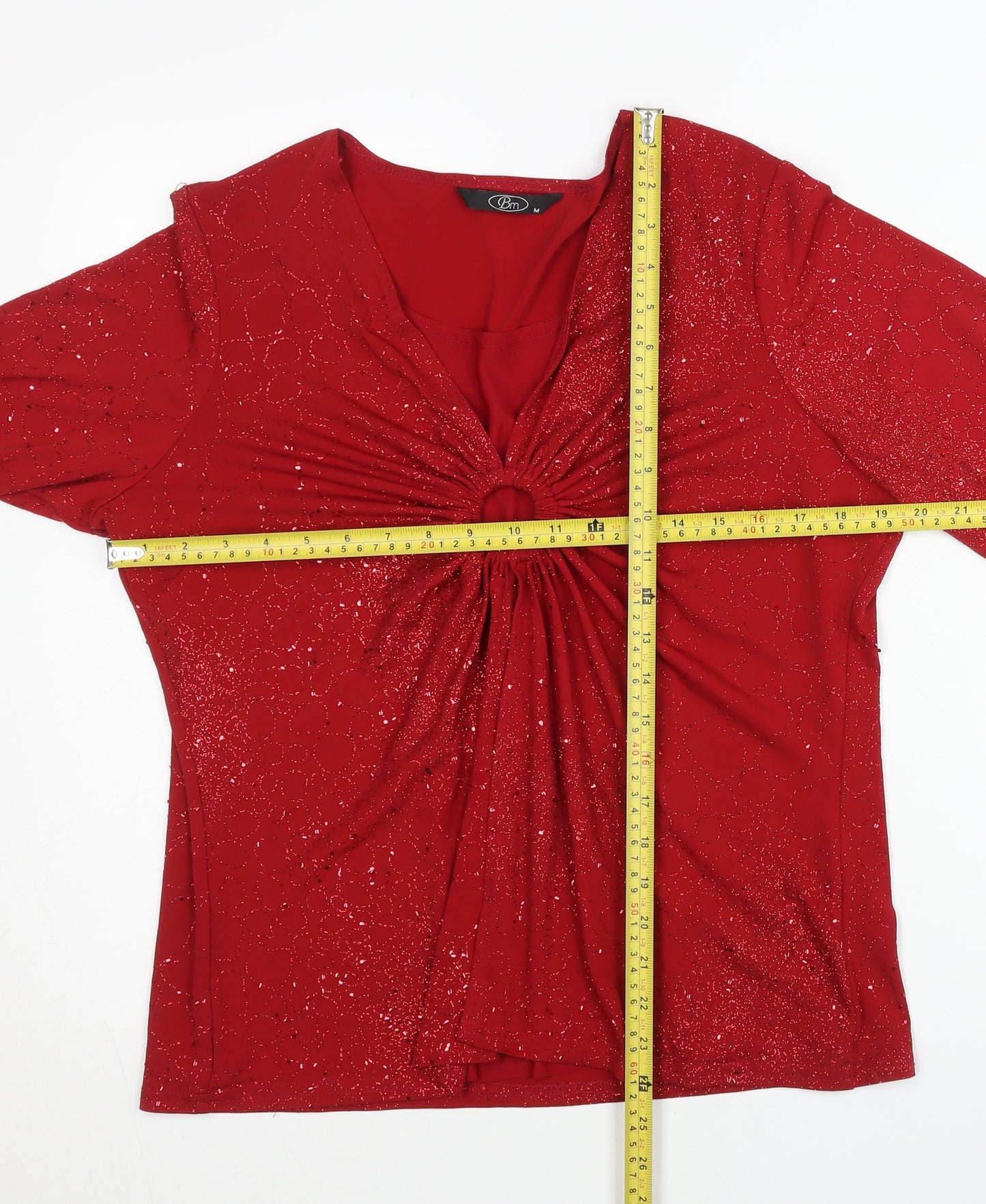 Bm Women’s Red Glitter V-Neck Tunic Blouse M 3/4 Sleeve Party Top