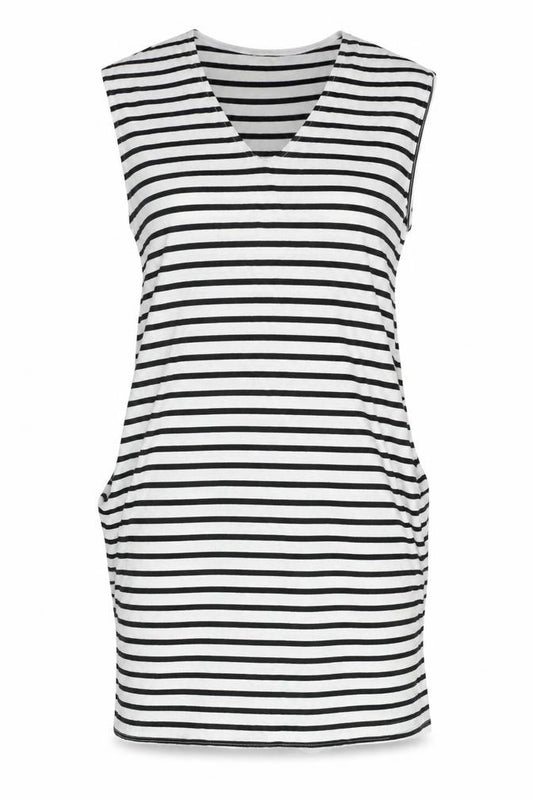 Front view of H&M Women’s Black White Striped T-Shirt Dress XS Sleeveless V-Neck
