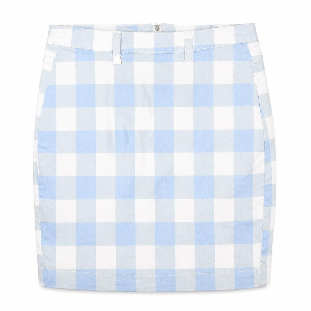 Front view of Missguided Women Blue Check Mini Skirt, size 8, Pencil Style