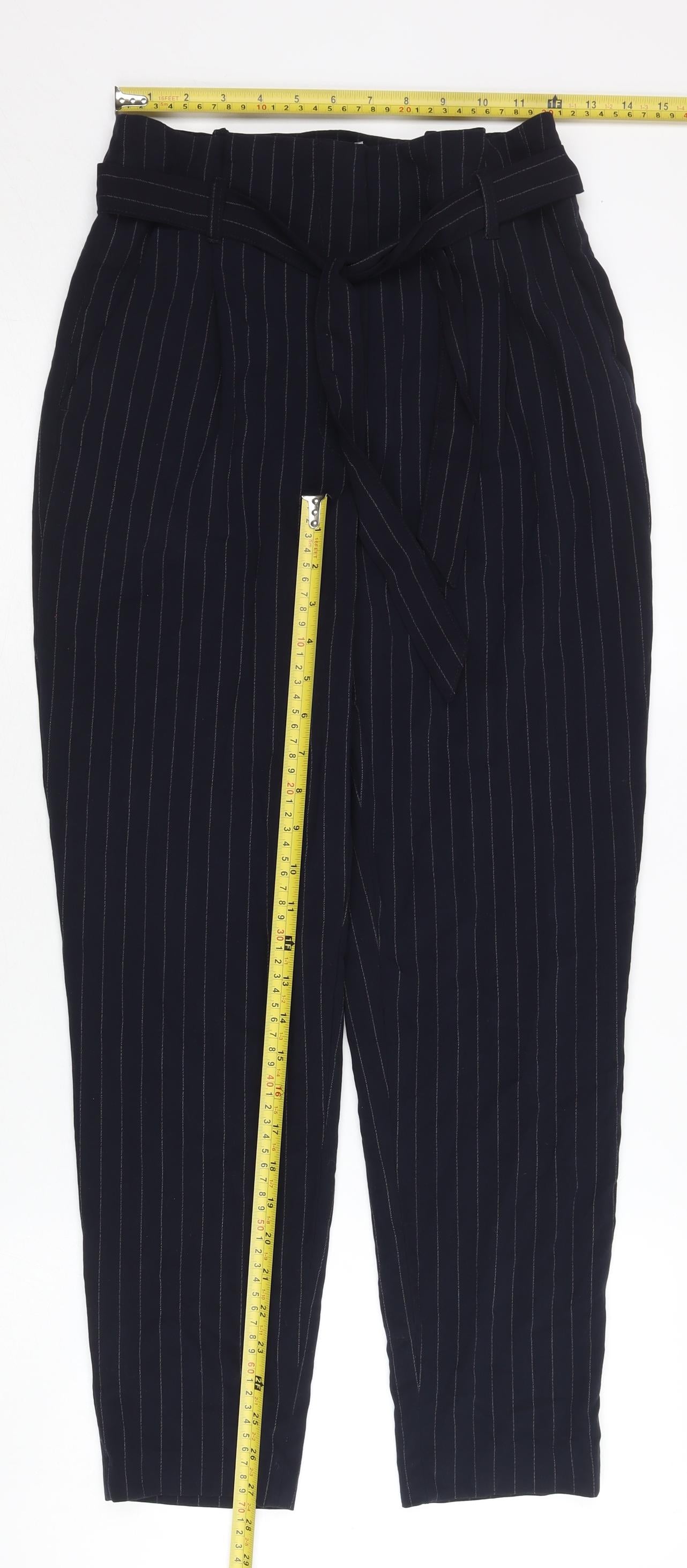 H&M Women’s Blue Striped Paperbag Tapered Trousers Size 6