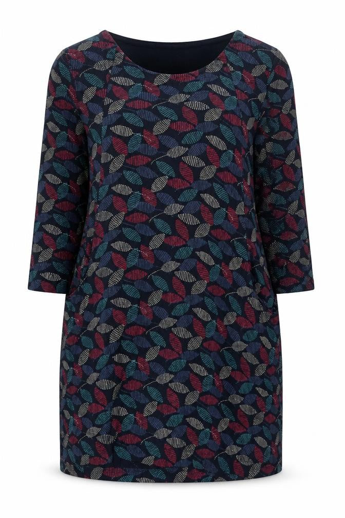 Front view of Tara Women’s Multicoloured Leaf Print Shift Dress L 3/4 Sleeve