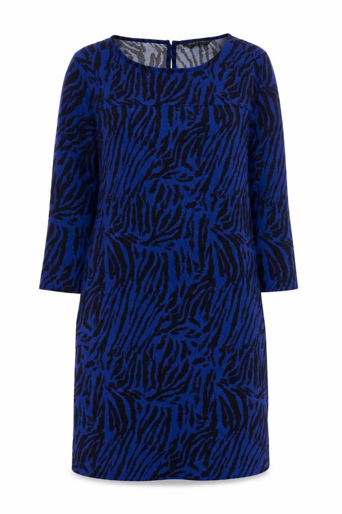Front view of Marks & Spencer women’s blue animal print shift dress, size UK 8
