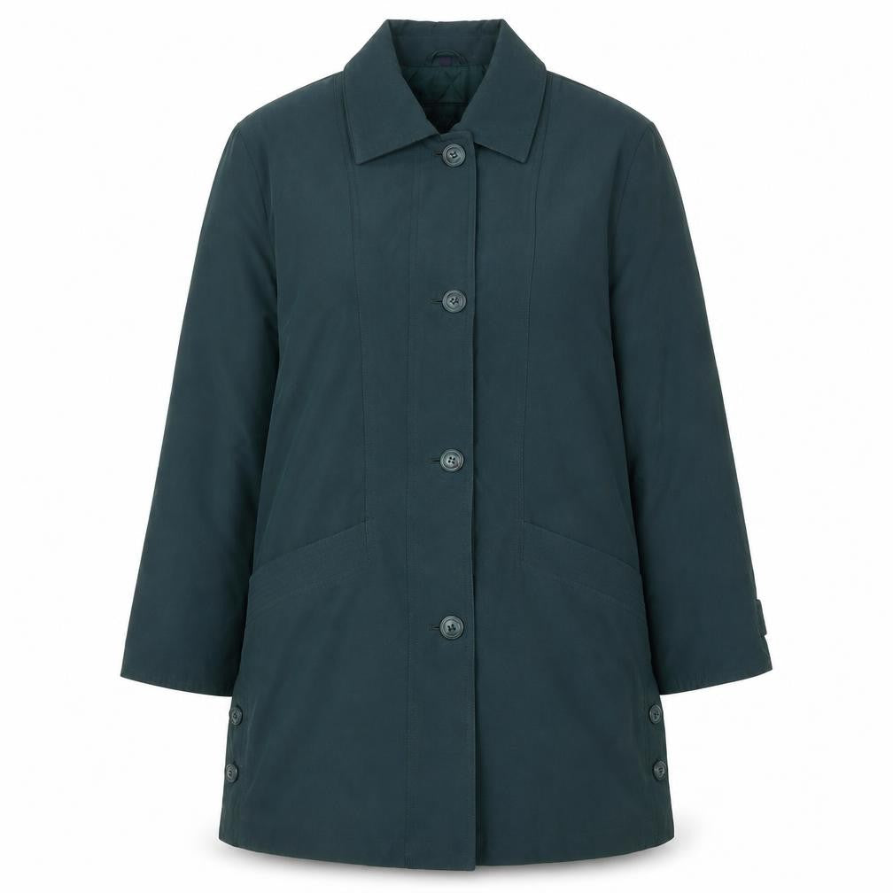 Front view of Nuage women’s green, size UK 10, mid-length overcoat polyester nylon