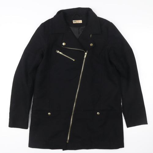H&M Women’s Black Wool Blend Biker Coat Size 12 Mid Length